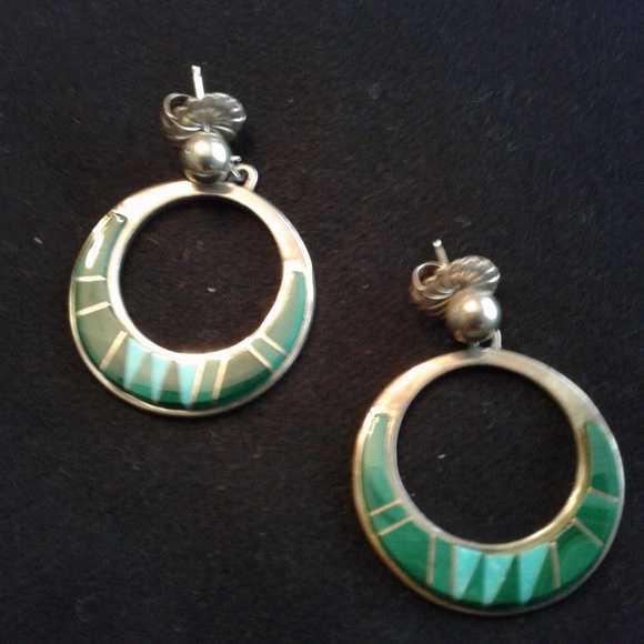 SOLD Native American Turquoise Malachite Earrings - Picture 2 of 8